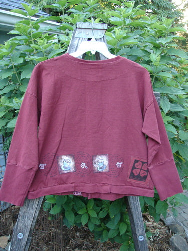 1999 Cottage Cardigan Heart Cup Cinnamon Size 0 displayed on a hanger, showcasing its square boxy shape, ribbed lower sleeves, drop shoulder seams, and oversized vintage Blue Fish buttons.