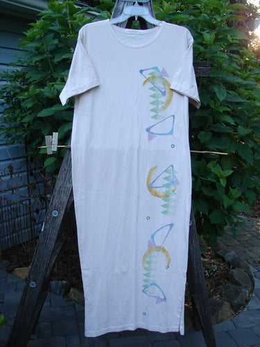 1996 Long Tee Dress Half Moon Birch Bark Size 0 featuring fish designs, short wide sleeves, rounded paneled neckline, seamless front and back, and a pegged vented hemline.