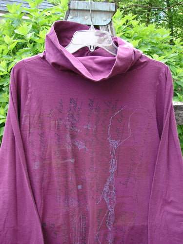 Barclay Cowl Neck Long Sleeved A Line Top Rock Note Merlot Size 0, featuring a draped cowl neck, long sleeves, and map-like graphic, displayed outdoors against green shrubs on a plastic hanger.
