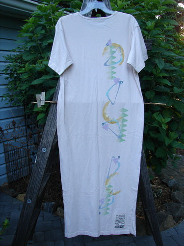 1996 Long Tee Dress Half Moon Birch Bark Size 0 features a rounded paneled neckline, short wide sleeves, and a seamless front and back with a classic half-moon design.