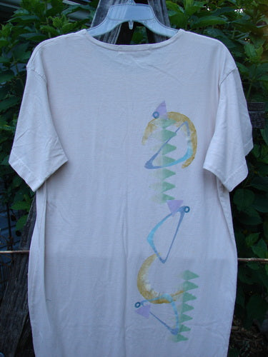 1996 Long Tee Dress Half Moon Birch Bark Size 0: A white t-shirt dress featuring a rounded paneled neckline, short wide sleeves, and a seamless front and back with a classic half-moon theme design.