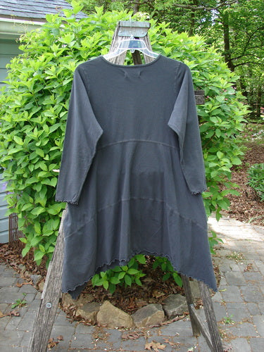 Barclay Cotton Lycra Shape Dress Feather Rose Raven Size 1 on a ladder, showcasing a scooped neckline, empire waist seam, scalloped hem, and deep side pockets with sectional panels for a flowing silhouette.