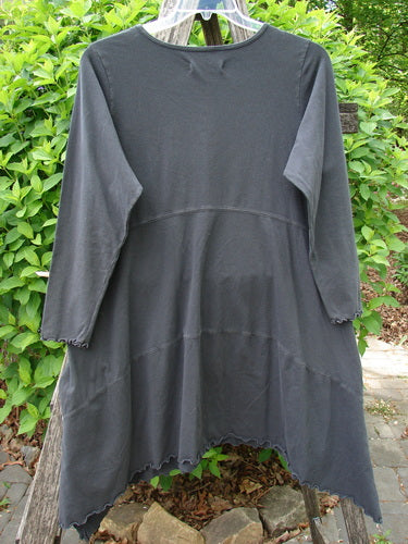 Barclay Cotton Lycra Shape Dress Feather Rose Raven Size 1 features an A-line cut with ruffled hems, scoop neckline, long sleeves, and feather rose accent, showcasing Bluefishfinder.com's vintage style.