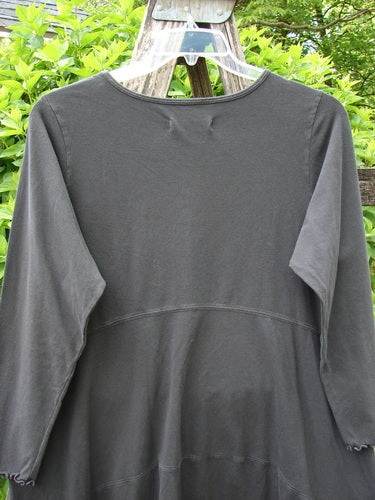 Barclay Cotton Lycra Shape Dress Feather Rose Raven Size 1: A long-sleeve tunic with a softly scooped neckline, empire waist, and distinct sectional panels, displayed on a hanger against a natural backdrop.