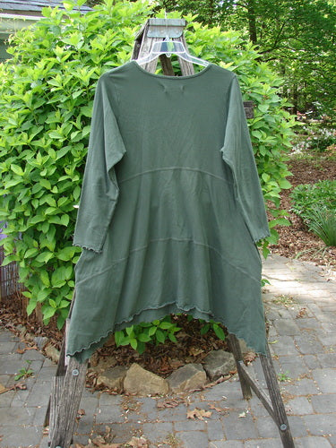 Barclay Cotton Lycra Shape Dress Wind Flower Deep Moss Size 1 draped over a stepladder, showcasing its rounded neckline, long sleeves, empire waist, and distinctive sectional panels with artistic flair.