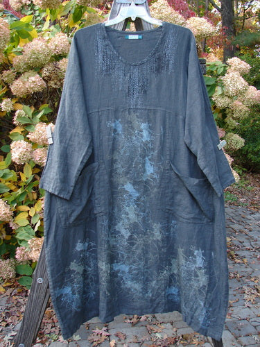 Barclay Linen Long Empire Two Pocket Dress with unique rain shower theme details, size 2.