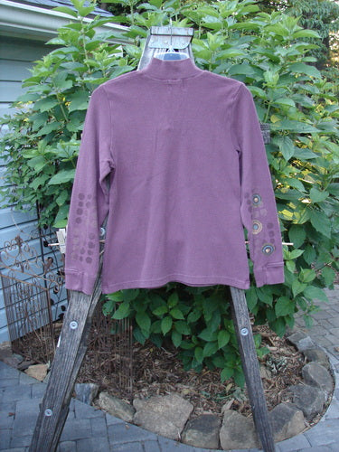 2000 Thermal Boann Top Bubble Murple Size 1 displayed on a wooden stand, showcasing the thick ribbed V neckline, partially ribbed cuffs, and slightly tapered waist and hem.