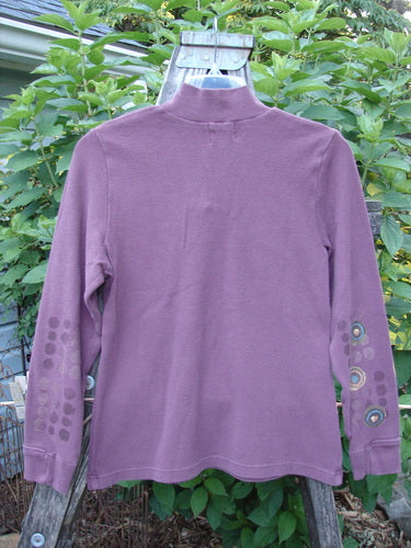 2000 Thermal Boann Top Bubble Murple Size 1 displayed on a hanger, featuring a thick ribbed V neckline, partially ribbed cuffs, and a slightly tapered waist and hem.