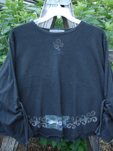 1997 Chandra Top Celtic Holiday Obsidian Size 1, featuring full lower sleeve lacings, wide hemline, rolled neckline, and a Celtic-themed design, made from mid-weight organic cotton.