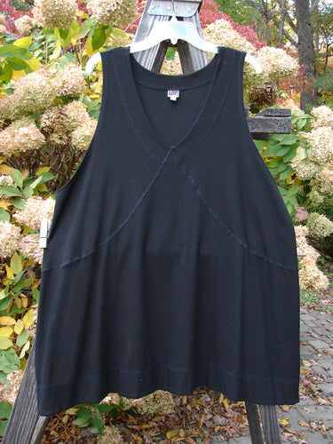 2000 Rayon Lycra Rib Crossroad Pullover Unpainted Black Size 2: A black tank top on a wooden rack, featuring a V neckline with exterior crisscross stitchery and a double paneled 2-inch hem circumference.