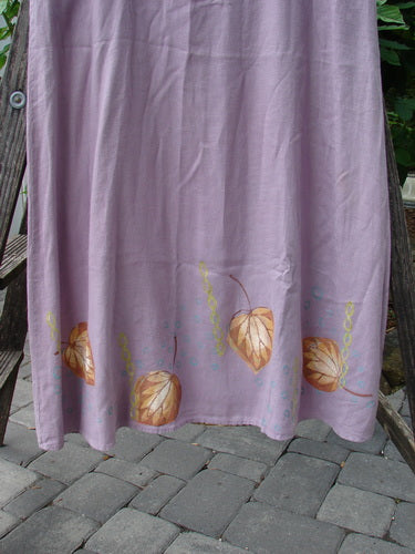 1999 Handkerchief Linen Sunbeam Dress Leaf Orchid Size 0 featuring a full-length sweeping skirt, empire waist seam, and sectional panels with a sweet leaf theme.