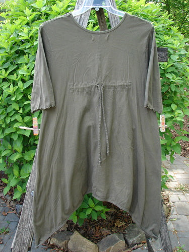 Barclay Quad Pocket Tie Back Tunic Dress Simple Floral Mushroom Size 0, olive-green with mid-length sleeves, asymmetrical hem, and waist drawstring, hung outside on a rustic frame with leafy background.