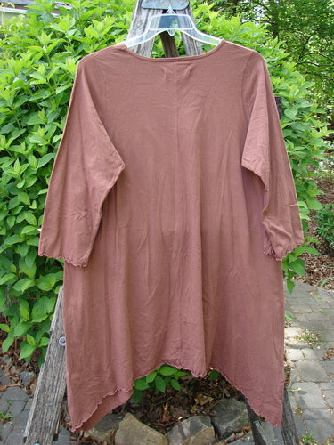 Barclay Three Quarter Sleeve Color Wheel Tunic Tulip Gourd Size 0, featuring a scoop neckline, three-quarter lettuce-edged sleeves, and a handkerchief hem, draped on a ladder with a garden backdrop.