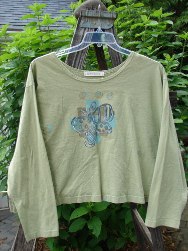 1997 Long Sleeved Crop Tee Butterfly Pear Size 2 featuring a bee design, wide crop shape, drop shoulders, and a flattened neckline, from Bluefishfinder.com's vintage collection.