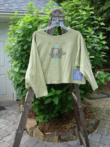 1997 Long Sleeved Crop Tee Butterfly Pear Size 2 displayed on a wooden ladder, showcasing its wide, slightly A-lined crop shape, drop shoulders, and bright blue signature patch.