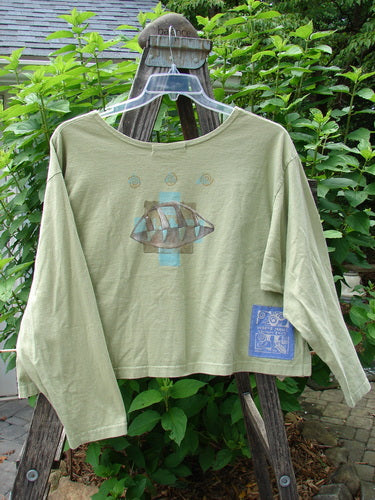 1997 Long Sleeved Crop Tee Butterfly Pear Size 2 displayed on a wooden hanger, featuring a wide crop shape, drop shoulders, vented sides, and a blue signature patch with butterfly theme.