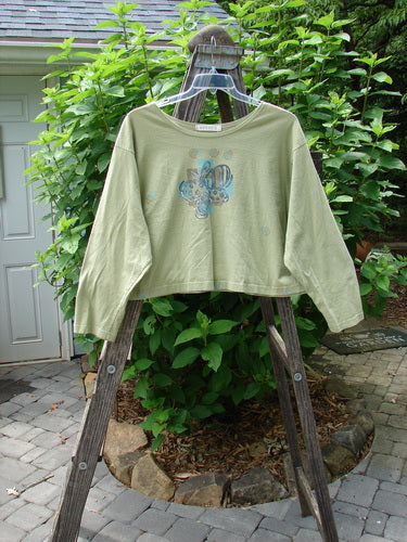 1997 Long Sleeved Crop Tee Butterfly Pear Size 2 displayed on a wooden ladder, showcasing its wide crop shape, vented sides, and butterfly-themed paint.