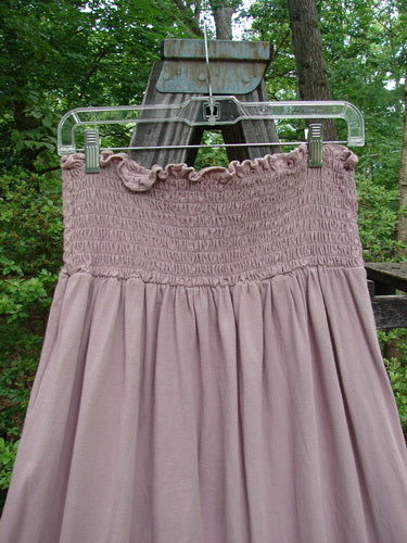 1995 Smocked Skirt Garden Patio Rose Size 2 displayed on a hanger, showcasing its intricate smocking and flowing, full hip design from Bluefishfinder.com's vintage collection.