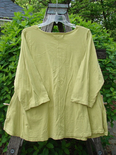 Barclay Three Quarter Sleeved A Lined Tee Field Friend Citron Size 0, featuring a wide scooped neckline, ¾-length sleeves, and a gently flaring A-line cut, displayed on a hanger against leafy shrubs.