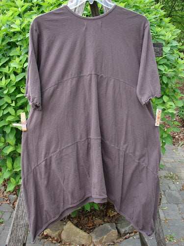 Barclay Perfect Day Pocket Tunic Dress Garden Gate in Deep Woods hangs on a clear hanger, showcasing its asymmetric hemline, short sleeves, and oversized front pockets against a garden backdrop.