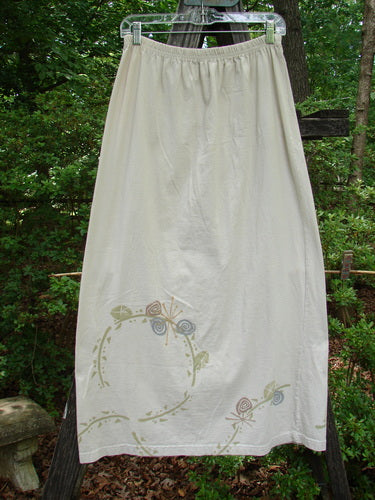 1995 Straight Skirt Life Circle Natural Size 1, featuring a slightly flared lower hem and floral design, displayed on a wooden fence for Bluefishfinder.com.