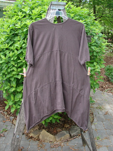 Barclay Perfect Day Pocket Tunic Dress Garden Gate Deep Woods Size 0 draped over a wooden ladder, showcasing its loose fit, short sleeves, rounded V-neckline, and oversized front pockets.