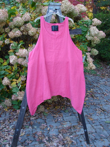 Barclay Linen Curve Drop Pinafore Dress in Rose on Wooden Rack, featuring V-neck, A-line shape, and daisy theme paint. Size 2.