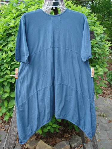Barclay Perfect Day Pocket Tunic Dress Sweet Pea Echo Blue Size 0, featuring short sleeves, a rounded V-neckline, oversized front pockets, and a varying banded hemline, displayed outdoors against lush foliage.