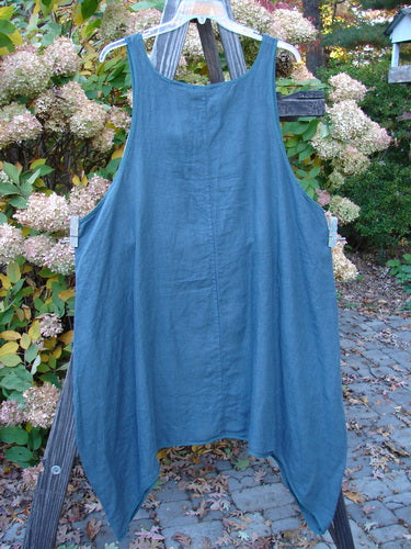 Barclay NWT Linen Flared Pinafore Shift Dress on rack, close-up of flower and metal object.