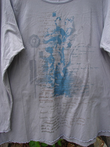 Barclay Long Sleeved Cafe Tee Poetry Garden Grey Day Size 0 features a blue abstract graphic with scribbled lines on light gray fabric, showcasing sweet curly edgings in organic cotton.