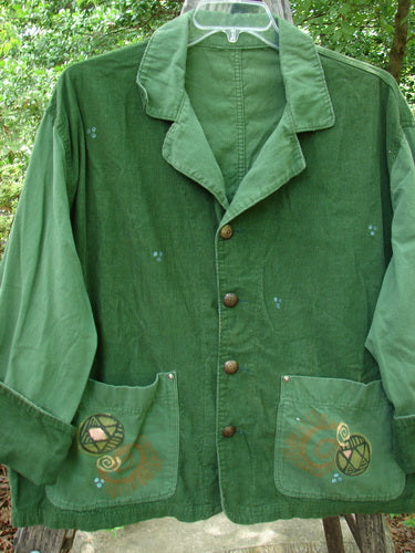 1997 Mason's Jacket Structural Verdigris OSFA displayed on a hanger, showcasing its unique folded neckline, two front pockets, cuffed cord sleeves, and intricate metal buttons.