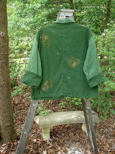 1997 Mason's Jacket Structural Verdigris OSFA displayed on a ladder, showcasing its folded neckline, painted front pockets, cord sleeves, metal buttons, and sectional back.