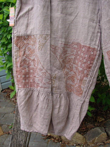 Barclay Linen Meadow Pant Celtic Vine Stone Oriel Size 0, featuring loose-fitting, ankle-length design with muted lavender-grey and rust-brown floral geometric panels, gathered cuff, and full elastic waist, ideal for spring/summer.
