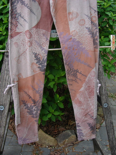 Barclay Cotton Lycra Side Gather Legging Forest Moon Oriel Size 0 displayed on a rustic ladder, showcasing its abstract botanical and circular motifs, with tapering lowers and elastic waistband, embodying Bluefishfinder.com's creative vintage style.