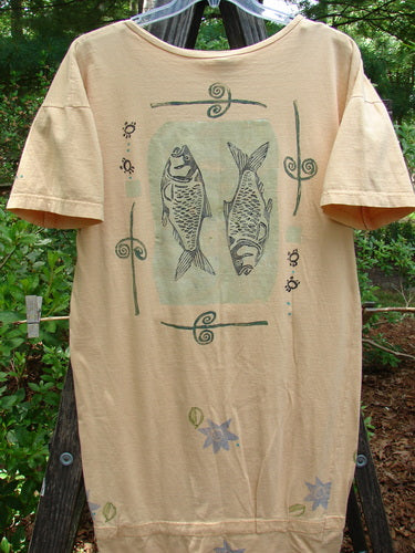 1990 B Base Dress Double Fish Marigold Altered OSFA with vintage fish-themed paint, short sleeves, and unique ruching and rounded hem, showcasing Blue Fish's signature eclectic design.