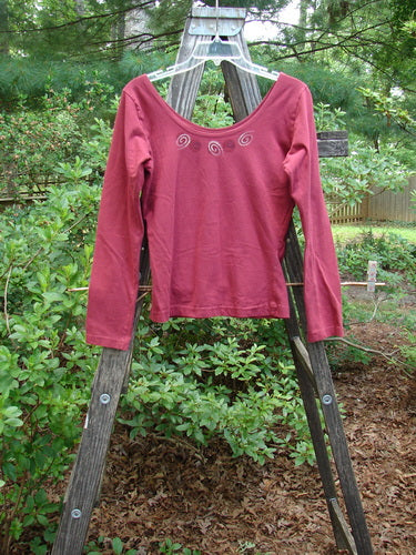 A 1995 Cotton Lycra Ballina Long Sleeved Layering Top Necklace Hollyberry Size 2 displayed on a wooden ladder outdoors.