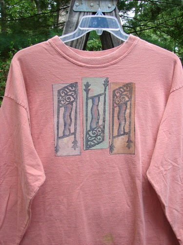 1995 Long Sleeved Tee Vintage Column Papaya Size 1 featuring graphic design, thicker ribbed neckline, drop shoulders, and continuous hem paint, showcasing superior vintage column theme paint.