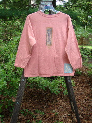 1995 Long Sleeved Tee Vintage Column Papaya Size 1 displayed outdoors on a hanger, highlighting its thicker ribbed neckline, drop shoulders, and signature painted details.