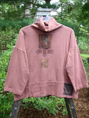 1995 Reprocessed Workshop Top Clay Music Altered Size 2: Pink sweatshirt featuring a loose ribbed turtleneck, drop shoulders, Blue Fish logo patch, and vented sides, made from soft, medium-weight reprocessed cotton.