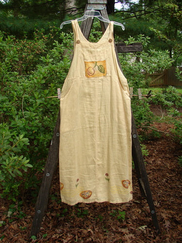 1999 Butterfly Overall Jumper Cherry Pair Buttercup Altered Size 1 displayed on a wooden ladder with visible front painted pocket and side pockets, highlighting its unique design for vintage Blue Fish Clothing resale.