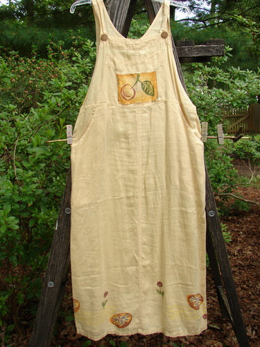 1999 Butterfly Overall Jumper Cherry Pair Buttercup Altered Size 1 displayed on a wooden ladder, showcasing front painted pocket and two deep side pockets, ideal for summer.