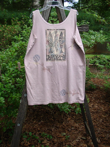 1995 Sun Glint Tank Fancy Fish Patio Rose Altered OSFA displayed on a wooden stand, featuring fish-themed designs and a scooped neckline.