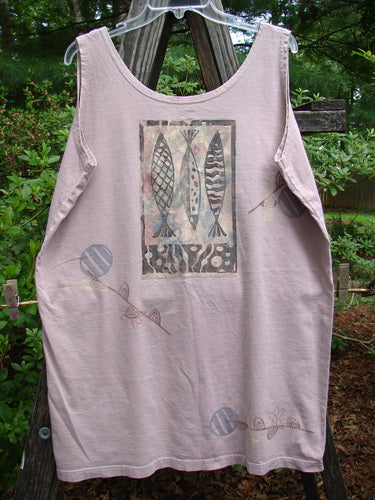 1995 Sun Glint Tank Fancy Fish Patio Rose Altered OSFA: Pink tank top featuring a whimsical fish pattern, scooped neckline, and slight reverse A-line shape, made from mid-weight organic cotton.