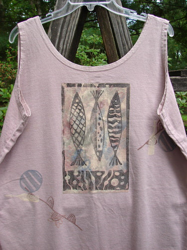 1995 Sun Glint Tank Fancy Fish Patio Rose Altered OSFA: A pink tank top featuring a playful fish pattern, scoop neckline, and reverse A-line shape, ideal for summer or layering, made from mid-weight organic cotton.