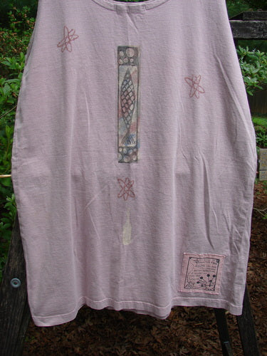 1995 Sun Glint Tank Fancy Fish Patio Rose Altered OSFA: Pink tank top featuring a vibrant fish design with a scooped neckline, slight reverse A-line shape, and signature Blue Fish patch.