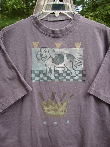 1995 Short Sleeved Tee Silly Pup Bloomsberry Altered Size 2 featuring a detailed dog illustration, drop shoulders, and a ribbed neckline.