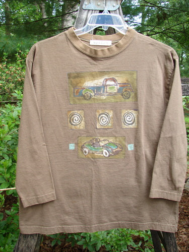 1996 Long Sleeved Tee Vintage Truck Race Car Vine Size 1, featuring detailed illustrations of a truck and race cars on medium weight organic cotton with drop shoulders and a thicker ribbed neckline.