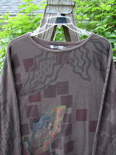 Barclay Cotton Hemp Dolman Sleeve Pullover Top Abstract Continuum Stone OSFA displayed on a plastic hanger with a wide boxy shape, dolman sleeves, and abstract pattern.