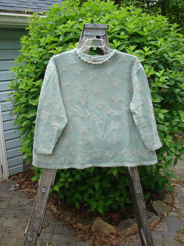 The Magnolia Pearl Fleece Applique Little Star Hermosa Sweatshirt in Garden Sage OSFA features a textured star pattern, raw-edge hems, and a roughed-up neckline, displayed draped over a rustic ladder.