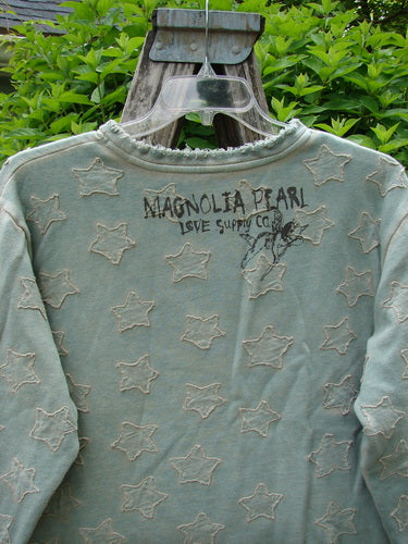 Magnolia Pearl Fleece Applique Little Star Hermosa Sweatshirt in Garden Sage, featuring wide three-quarter sleeves, tattered edges, and applique stars, displayed on a wooden ladder against leafy shrubs.